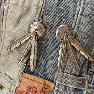 native American vintage Silver Feather Dangle Earrings